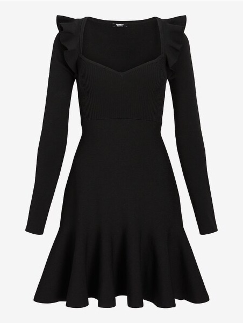 NWT Express Black Ruffle Shoulder Knit Dress Long Sleeve Fit & Flare Size S